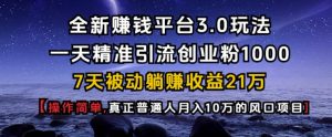 全新赚钱平台3.0玩法一天精准引流创业粉1000.7天被动躺Z收益21W【仅揭秘】-梦想波浪