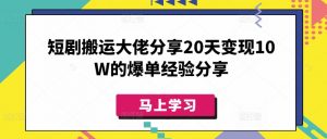 短剧搬运大佬分享20天变现10W的爆单经验分享-梦想波浪