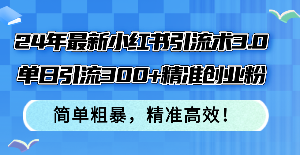 24年最新小红书引流术3.0，单日引流300+精准创业粉，简单粗暴，精准高效！-梦想波浪