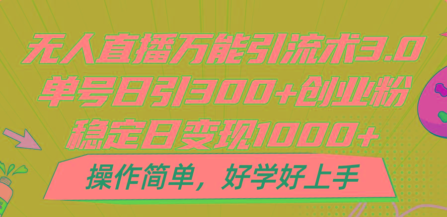 无人直播万能引流术3.0，单号日引300+创业粉，稳定日变现1000+，操作简单-梦想波浪