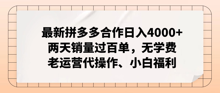 拼多多最新合作日入4000+两天销量过百单，无学费、老运营代操作、小白福利-梦想波浪
