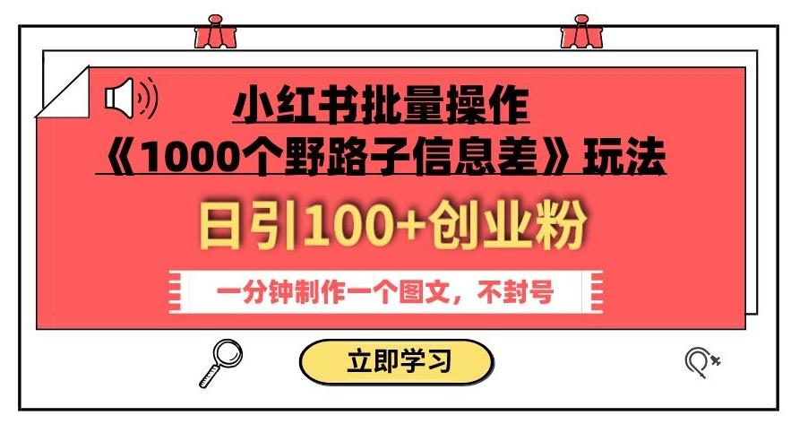小红书批量操作《1000个野路子信息差》玩法，一分钟制作一个图文，不封号，日引100+创业粉-梦想波浪