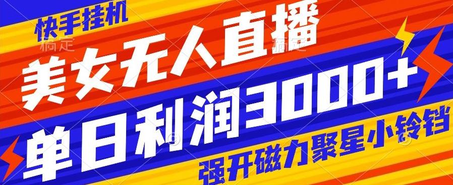 快手挂机，美女无人直播，强开磁力聚星小铃铛，日入3000+-梦想波浪