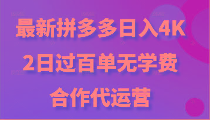 最新拼多多，日入4K+，2日过百单无学费，合作代运营-梦想波浪